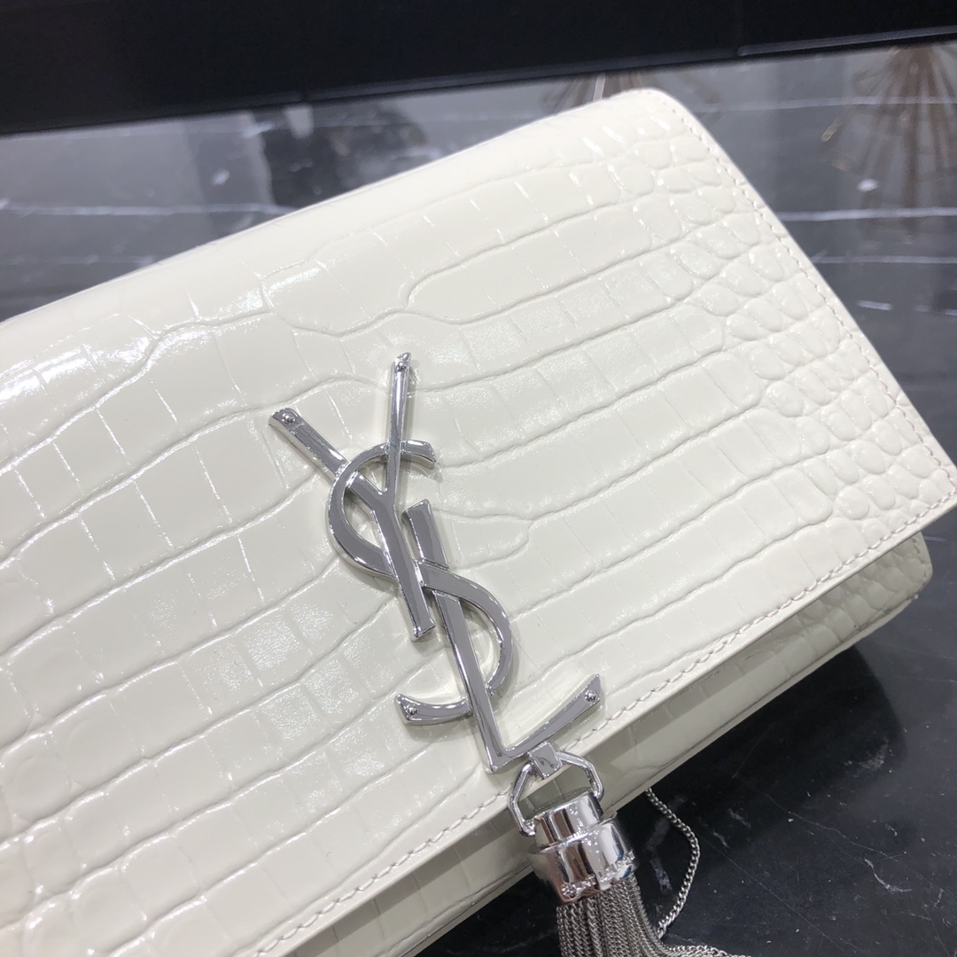 Saint Laurent Kate Tassel Small Crocodile Embossed Calfskin Shoulder Bag Handbag White 474366 Silver